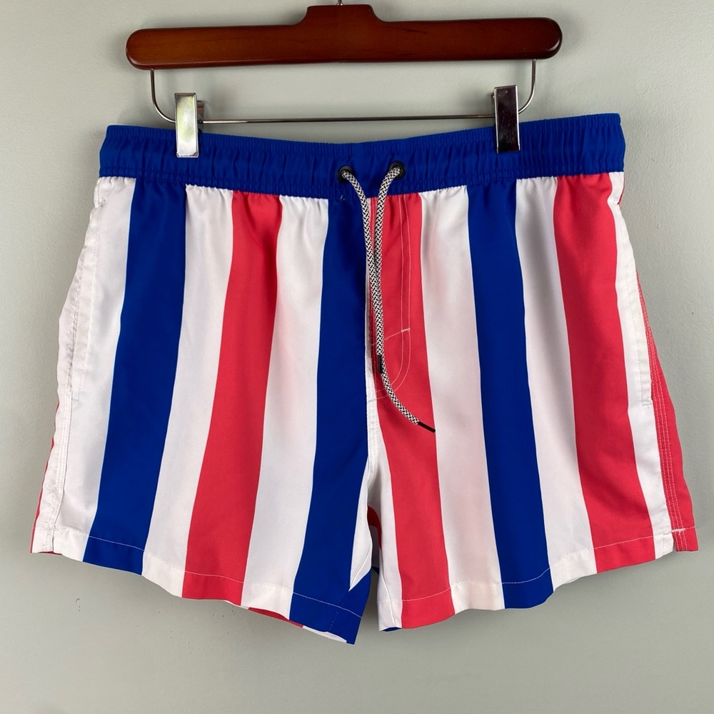 Men’s or Unisex CharmkpR red white and blue swim trunks 4” inseam Medium